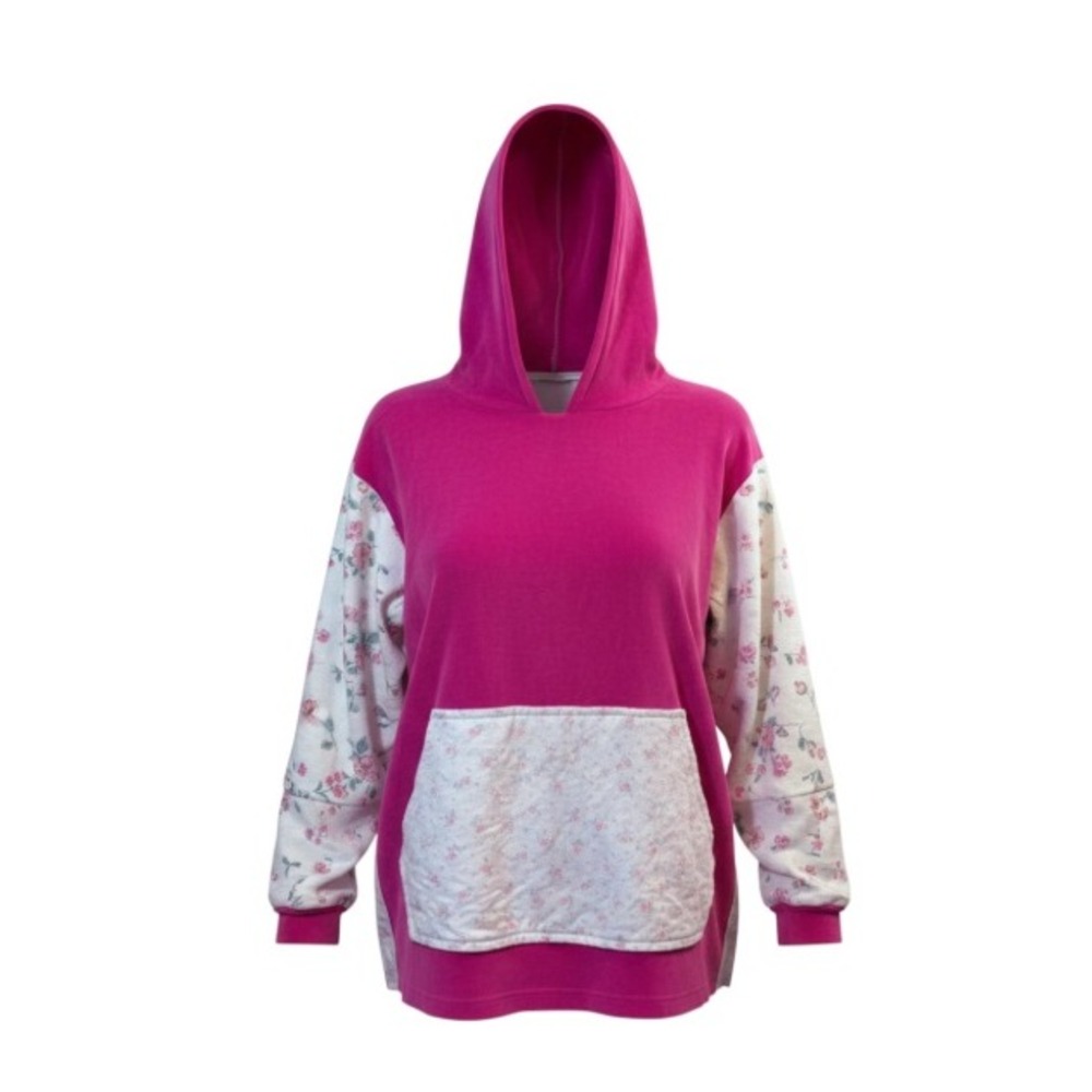 Handmade Women Hot Pink Velour Floral Thermal Colorblock Pullover Hoodie L/XL